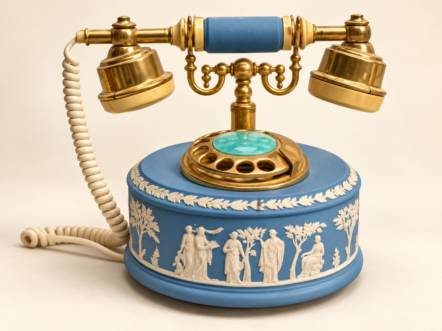 Blue ceramic and brass vintage telephone
